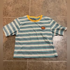 Dutch Bros Cropped Multicolor Striped Shirt with Yellow Trim